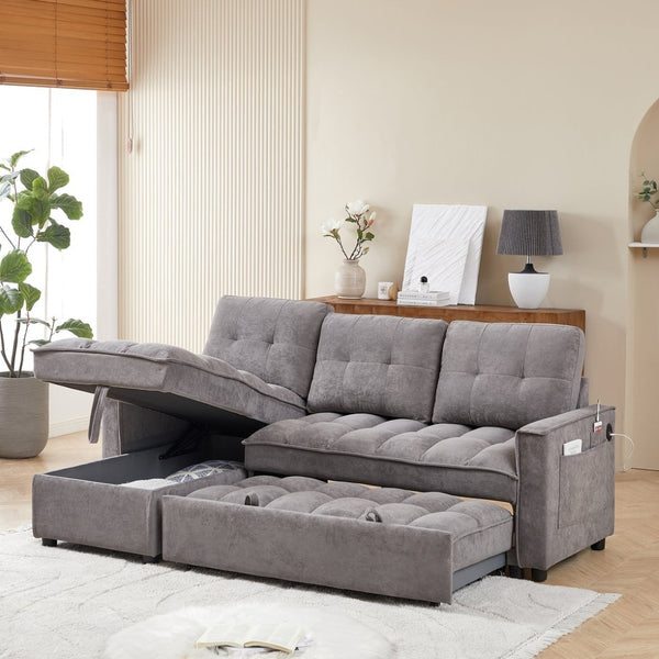 English Elm 71.3" Chenille Sectional Sleeper Sofa with Storage Chaise and Built-in Usb Charging Dark Gray W1193S00195