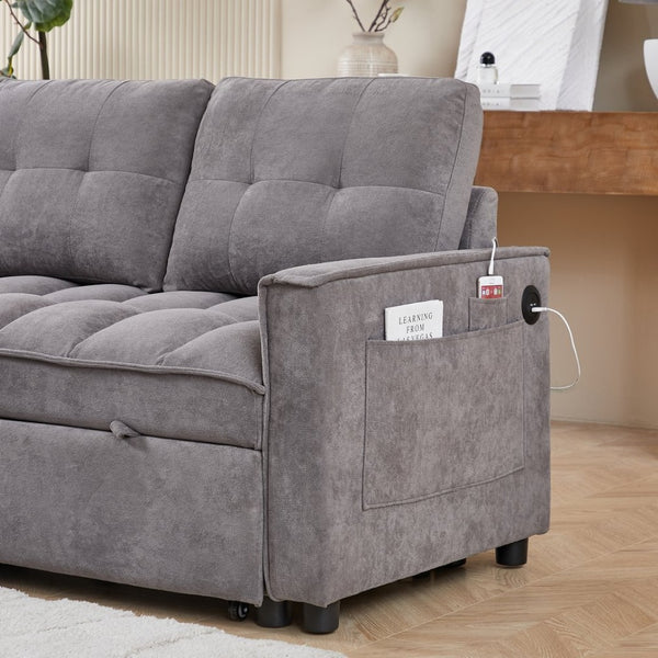 English Elm 71.3" Chenille Sectional Sleeper Sofa with Storage Chaise and Built-in Usb Charging Dark Gray W1193S00195