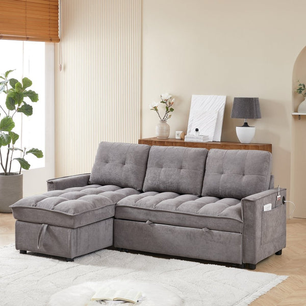 English Elm 71.3" Chenille Sectional Sleeper Sofa with Storage Chaise and Built-in Usb Charging Dark Gray W1193S00195