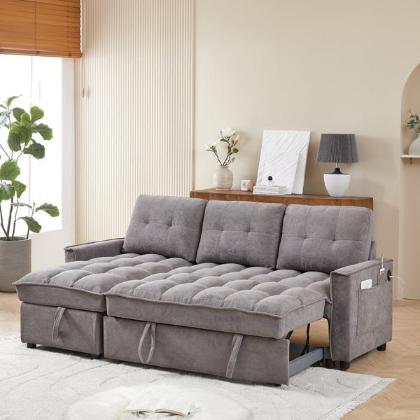 English Elm 71.3" Chenille Sectional Sleeper Sofa with Storage Chaise and Built-in Usb Charging Dark Gray W1193S00195