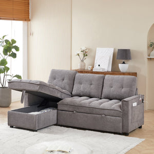 English Elm 71.3" Chenille Sectional Sleeper Sofa with Storage Chaise and Built-in Usb Charging Dark Gray W1193S00195
