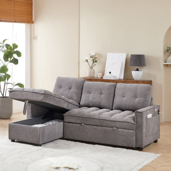 English Elm 71.3" Chenille Sectional Sleeper Sofa with Storage Chaise and Built-in Usb Charging Dark Gray W1193S00195