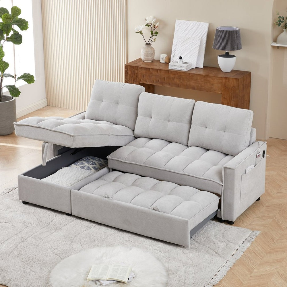 English Elm 71.3" Chenille Sectional Sleeper Sofa with Storage Chaise and Built-in Usb Charging Light Gray W1193S00197