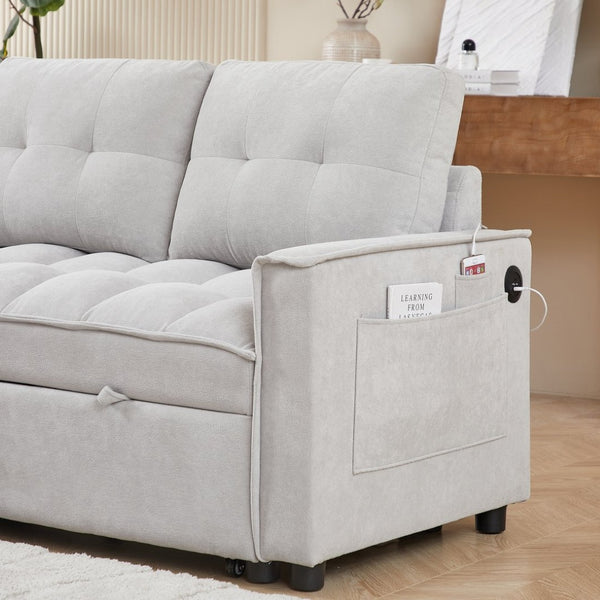 English Elm 71.3" Chenille Sectional Sleeper Sofa with Storage Chaise and Built-in Usb Charging Light Gray W1193S00197