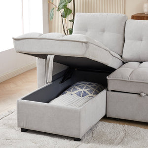 English Elm 71.3" Chenille Sectional Sleeper Sofa with Storage Chaise and Built-in Usb Charging Light Gray W1193S00197