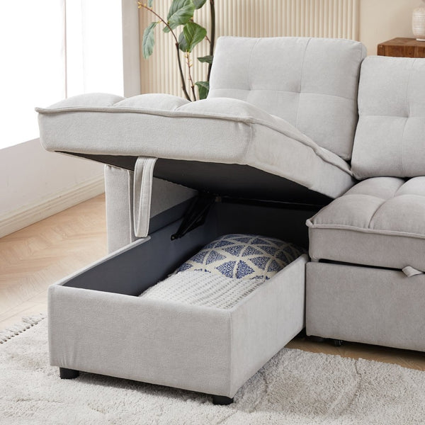 English Elm 71.3" Chenille Sectional Sleeper Sofa with Storage Chaise and Built-in Usb Charging Light Gray W1193S00197