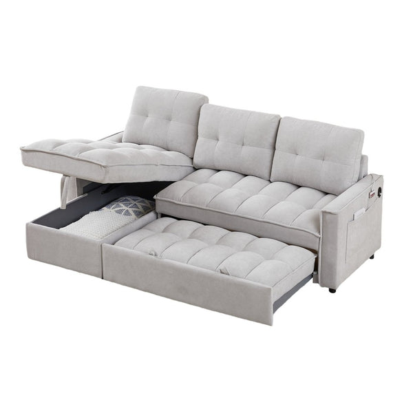 English Elm 71.3" Chenille Sectional Sleeper Sofa with Storage Chaise and Built-in Usb Charging Light Gray W1193S00197