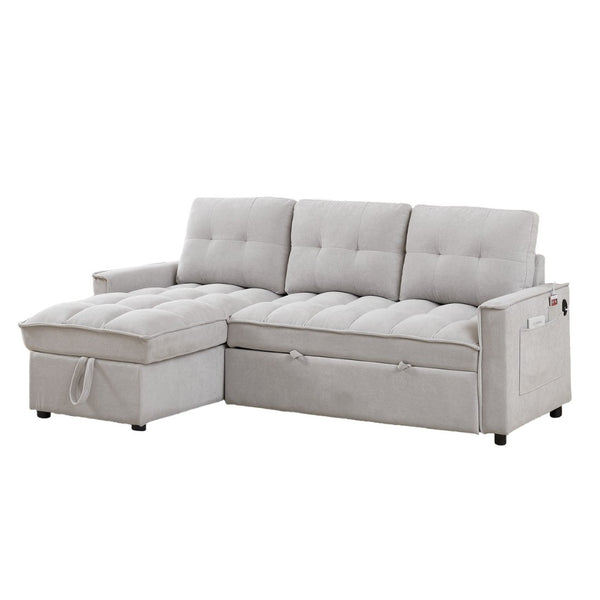 English Elm 71.3" Chenille Sectional Sleeper Sofa with Storage Chaise and Built-in Usb Charging Light Gray W1193S00197