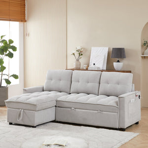 English Elm 71.3" Chenille Sectional Sleeper Sofa with Storage Chaise and Built-in Usb Charging Light Gray W1193S00197