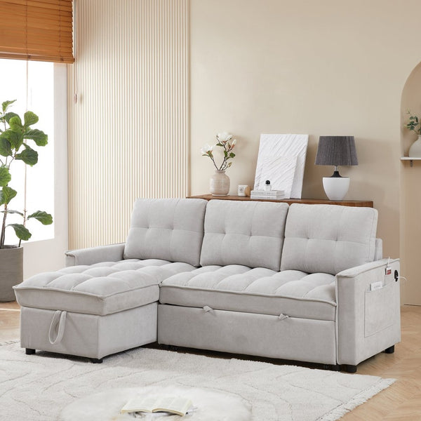 English Elm 71.3" Chenille Sectional Sleeper Sofa with Storage Chaise and Built-in Usb Charging Light Gray W1193S00197