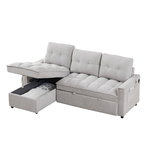 English Elm 71.3" Chenille Sectional Sleeper Sofa with Storage Chaise and Built-in Usb Charging Light Gray W1193S00197