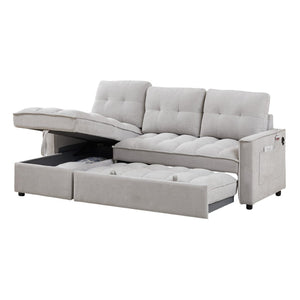 English Elm 71.3" Chenille Sectional Sleeper Sofa with Storage Chaise and Built-in Usb Charging Light Gray W1193S00197