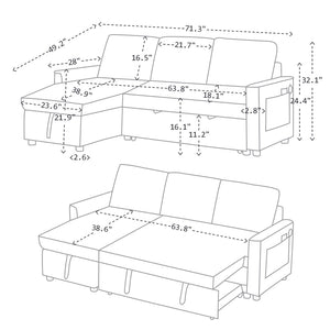 English Elm 71.3" Chenille Sectional Sleeper Sofa with Storage Chaise and Built-in Usb Charging Light Gray W1193S00197
