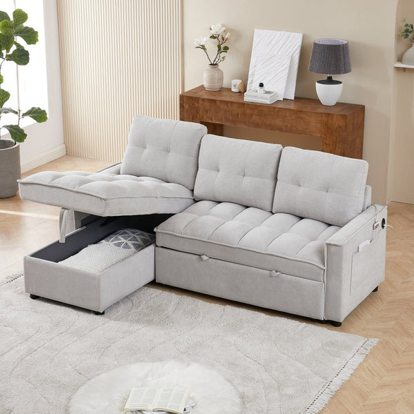 English Elm 71.3" Chenille Sectional Sleeper Sofa with Storage Chaise and Built-in Usb Charging Light Gray W1193S00197