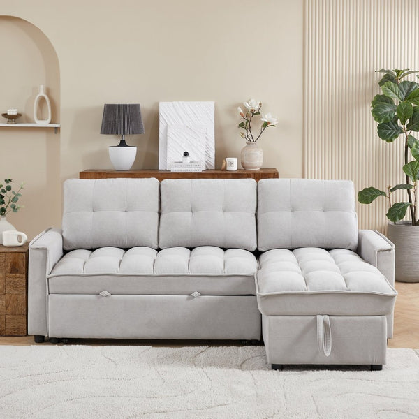English Elm 71.3" Chenille Sectional Sleeper Sofa with Storage Chaise and Built-in Usb Charging Light Gray W1193S00197