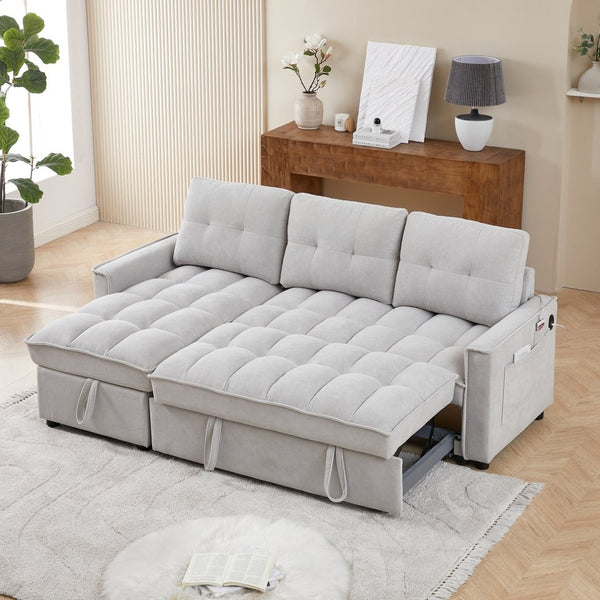 English Elm 71.3" Chenille Sectional Sleeper Sofa with Storage Chaise and Built-in Usb Charging Light Gray W1193S00197