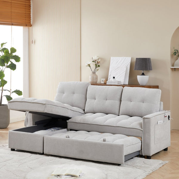 English Elm 71.3" Chenille Sectional Sleeper Sofa with Storage Chaise and Built-in Usb Charging Light Gray W1193S00197