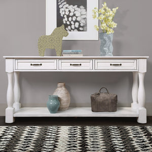 English Elm 63Inch Pine Wood Console Table with 3 Drawers Bottom Shelf Entryway Mid-Century Antique White W1202114029