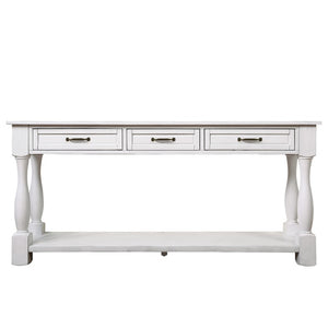 English Elm 63Inch Pine Wood Console Table with 3 Drawers Bottom Shelf Entryway Mid-Century Antique White W1202114029