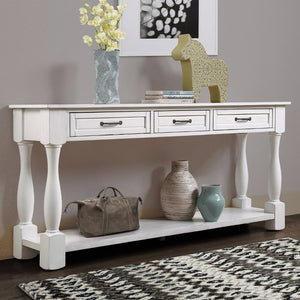 English Elm 63Inch Pine Wood Console Table with 3 Drawers Bottom Shelf Entryway Mid-Century Antique White W1202114029