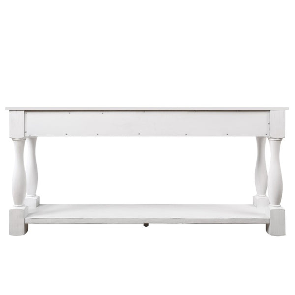 English Elm 63Inch Pine Wood Console Table with 3 Drawers Bottom Shelf Entryway Mid-Century Antique White W1202114029