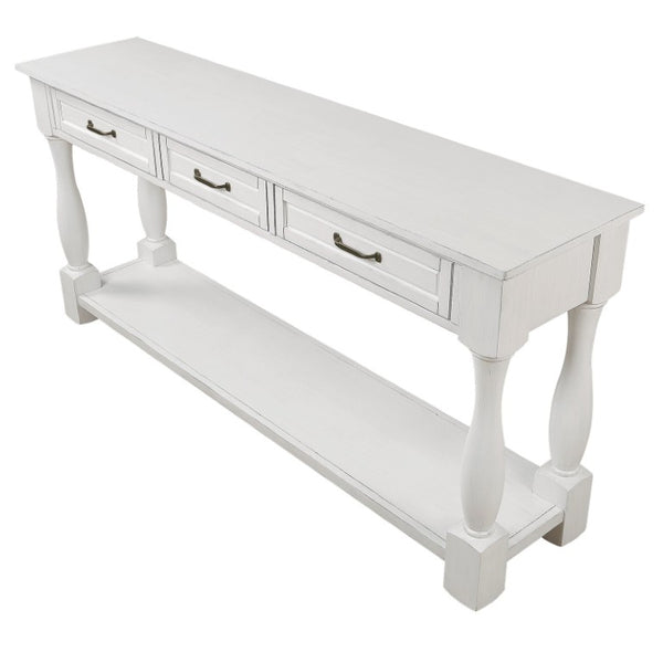 English Elm 63Inch Pine Wood Console Table with 3 Drawers Bottom Shelf Entryway Mid-Century Antique White W1202114029