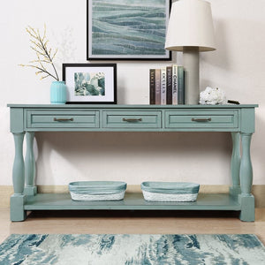 English Elm 63Inch Pine Wood Console Table with 3 Drawers Bottom Shelf Entryway Mid-Century Retro Blue W1202114031