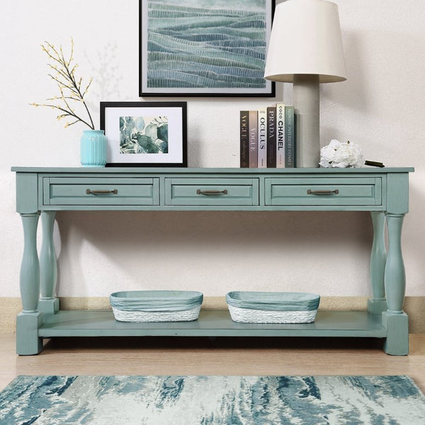 English Elm 63Inch Pine Wood Console Table with 3 Drawers Bottom Shelf Entryway Mid-Century Retro Blue W1202114031