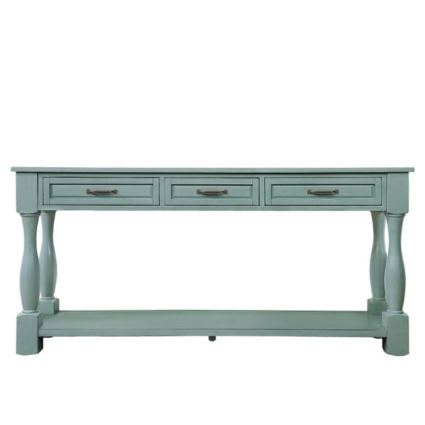 English Elm 63Inch Pine Wood Console Table with 3 Drawers Bottom Shelf Entryway Mid-Century Retro Blue W1202114031