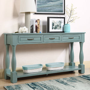 English Elm 63Inch Pine Wood Console Table with 3 Drawers Bottom Shelf Entryway Mid-Century Retro Blue W1202114031