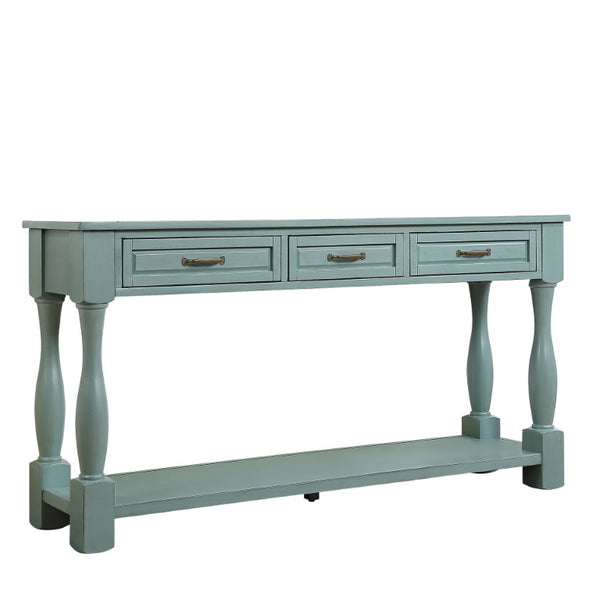 English Elm 63Inch Pine Wood Console Table with 3 Drawers Bottom Shelf Entryway Mid-Century Retro Blue W1202114031
