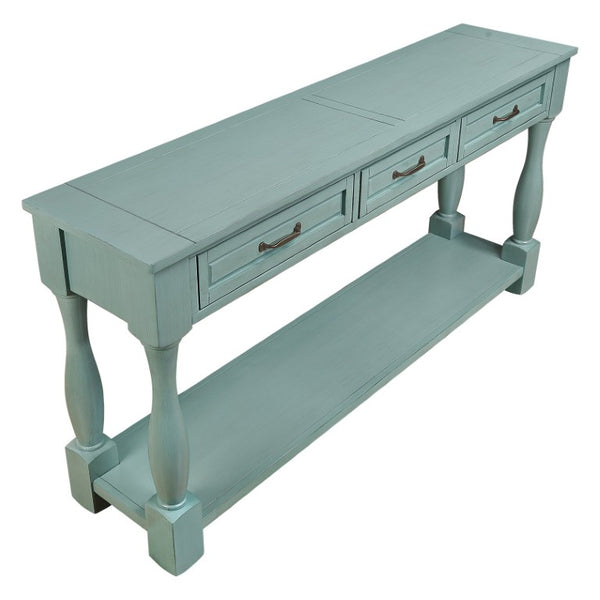 English Elm 63Inch Pine Wood Console Table with 3 Drawers Bottom Shelf Entryway Mid-Century Retro Blue W1202114031