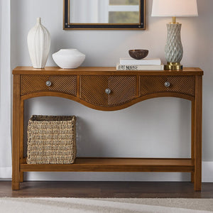 English Elm 52'' Fluted Pine Console Table with 3 Drawers Scalloped Edge Retro Sofa Entryway Brown W1202P330891