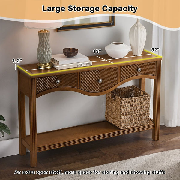 English Elm 52'' Fluted Pine Console Table with 3 Drawers Scalloped Edge Retro Sofa Entryway Brown W1202P330891