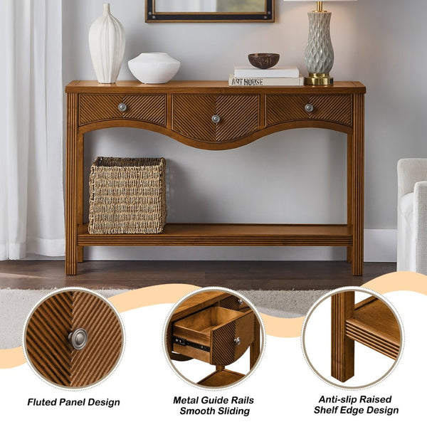 English Elm 52'' Fluted Pine Console Table with 3 Drawers Scalloped Edge Retro Sofa Entryway Brown W1202P330891