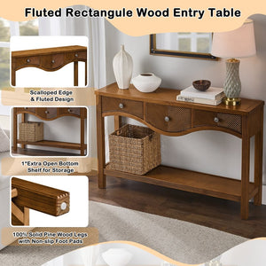 English Elm 52'' Fluted Pine Console Table with 3 Drawers Scalloped Edge Retro Sofa Entryway Brown W1202P330891