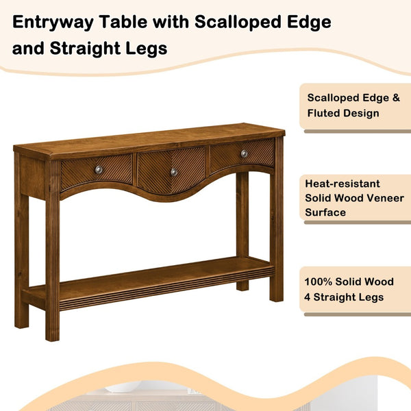 English Elm 52'' Fluted Pine Console Table with 3 Drawers Scalloped Edge Retro Sofa Entryway Brown W1202P330891