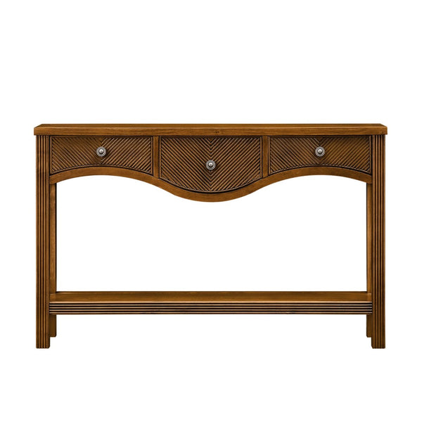 English Elm 52'' Fluted Pine Console Table with 3 Drawers Scalloped Edge Retro Sofa Entryway Brown W1202P330891