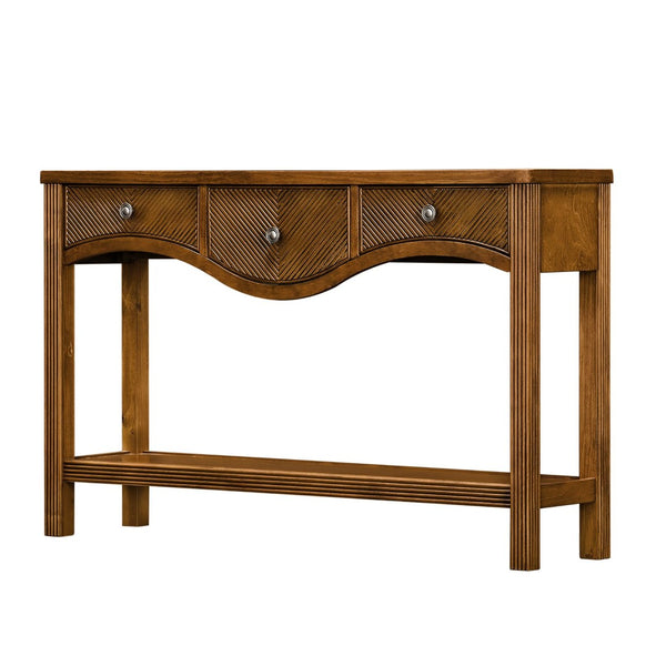 English Elm 52'' Fluted Pine Console Table with 3 Drawers Scalloped Edge Retro Sofa Entryway Brown W1202P330891