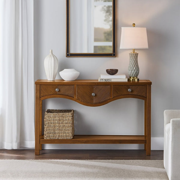 English Elm 52'' Fluted Pine Console Table with 3 Drawers Scalloped Edge Retro Sofa Entryway Brown W1202P330891