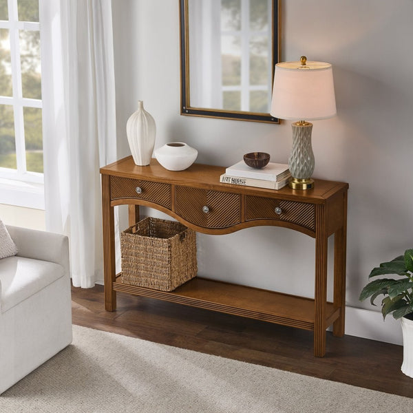 English Elm 52'' Fluted Pine Console Table with 3 Drawers Scalloped Edge Retro Sofa Entryway Brown W1202P330891
