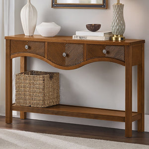 English Elm 52'' Fluted Pine Console Table with 3 Drawers Scalloped Edge Retro Sofa Entryway Brown W1202P330891