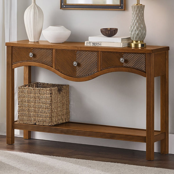 English Elm 52'' Fluted Pine Console Table with 3 Drawers Scalloped Edge Retro Sofa Entryway Brown W1202P330891
