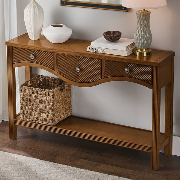 English Elm 52'' Fluted Pine Console Table with 3 Drawers Scalloped Edge Retro Sofa Entryway Brown W1202P330891