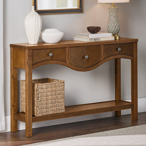 English Elm 52'' Fluted Pine Console Table with 3 Drawers Scalloped Edge Retro Sofa Entryway Brown W1202P330891