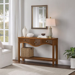 English Elm 52'' Fluted Pine Console Table with 3 Drawers Scalloped Edge Retro Sofa Entryway Brown W1202P330891