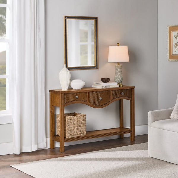 English Elm 52'' Fluted Pine Console Table with 3 Drawers Scalloped Edge Retro Sofa Entryway Brown W1202P330891