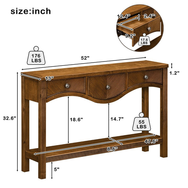 English Elm 52'' Fluted Pine Console Table with 3 Drawers Scalloped Edge Retro Sofa Entryway Brown W1202P330891