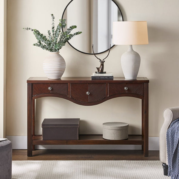 English Elm 52'' Fluted Pine Console Table with 3 Drawers Scalloped Edge Retro Sofa Entryway Espresso W1202P330892