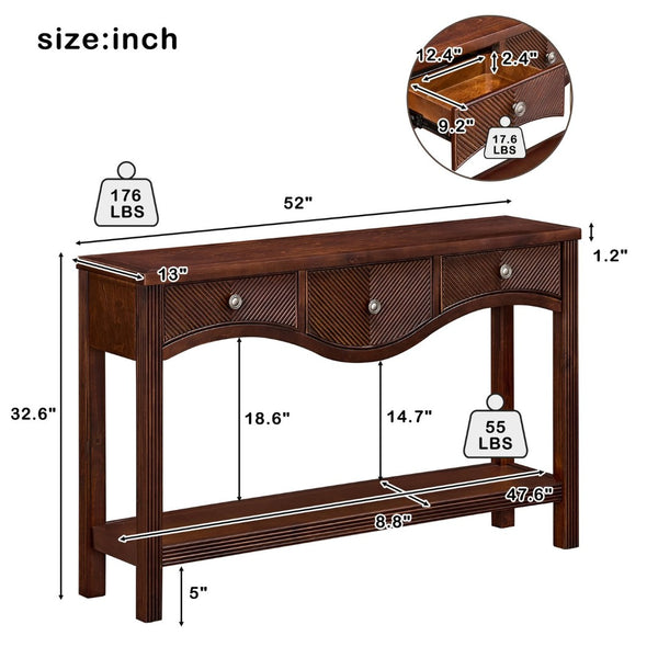 English Elm 52'' Fluted Pine Console Table with 3 Drawers Scalloped Edge Retro Sofa Entryway Espresso W1202P330892
